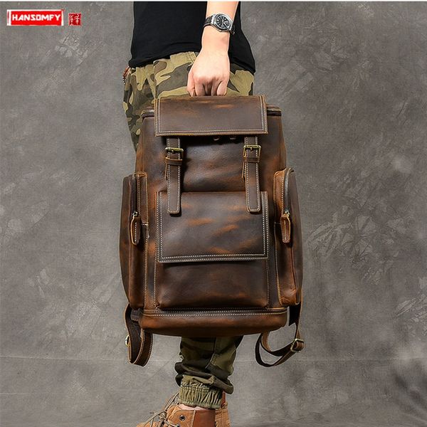 

school bags retro crazy horse leather men's backpack male computer bag large capacity 156 inch lapbags genuine leather travel backpacks