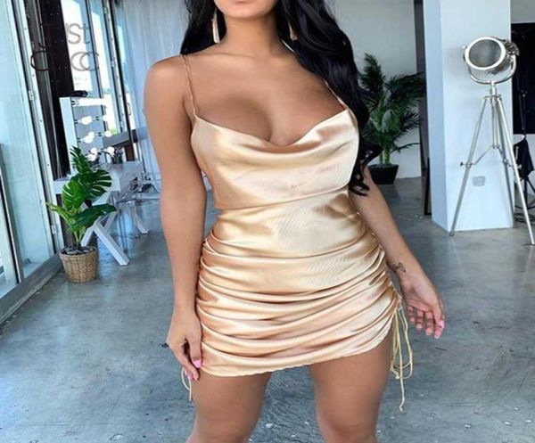 

justchicc spaghetti strap mini dress backless pleated lace up club party dresses summer celebrity dress women loose vestido9847260, Black;gray