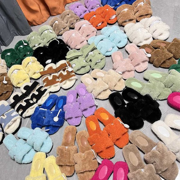 

multicolors women's h chypre slippers fur sherpa wool slides logo sandal autumn winter plush warm furry slides classic open toe mule ru, Black
