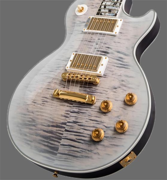 

rare ultima limited run gray burst flamemaple lp electric guitar 3 piece flame maple neck, iceflame inlay, gold grover imperial tuners