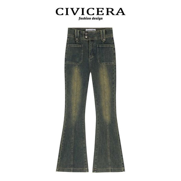 

civicera american retro spicy girl high waist slim micro horn jeans women's spring/summer/early autumn slim fit long pants, Blue