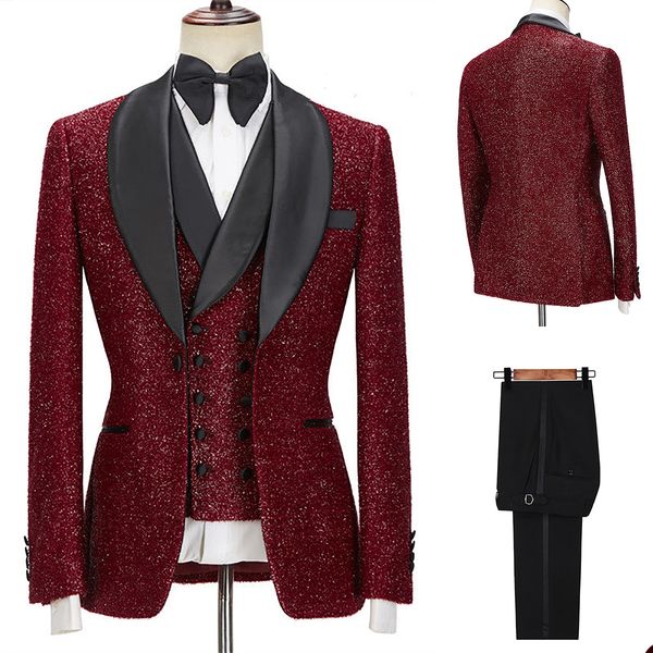 

burgundy groom's wedding tuxedos beaded shawl lapel mens suit 3 pieces for male fashion business blazer customize, Black;gray