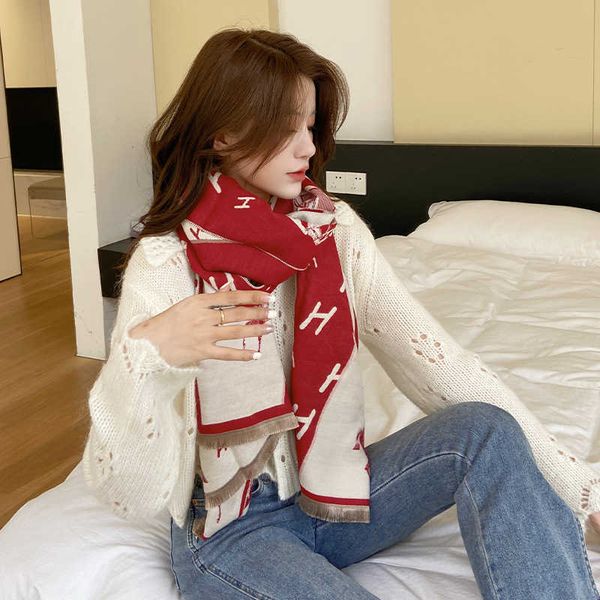 

2023 autumn and winter new office h letter air conditioned shawl temperament ladies' imitation cashmere scarf women o395, Blue;gray