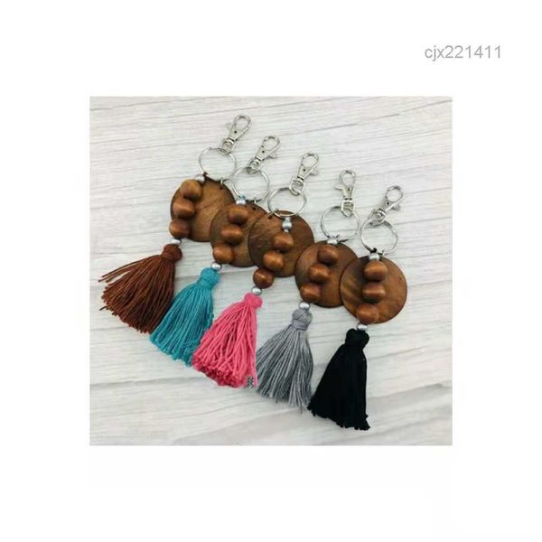 

customized foreign trade beaded wooden bead keychain can print round and cotton tassel key ring azfe, Silver