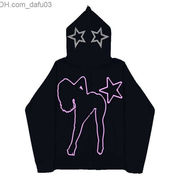 

men's hoodies sweatshirts star letter print hoodie women's vintage zipper long sleeve loose jacket coats harajuku casual gothic ho, Black