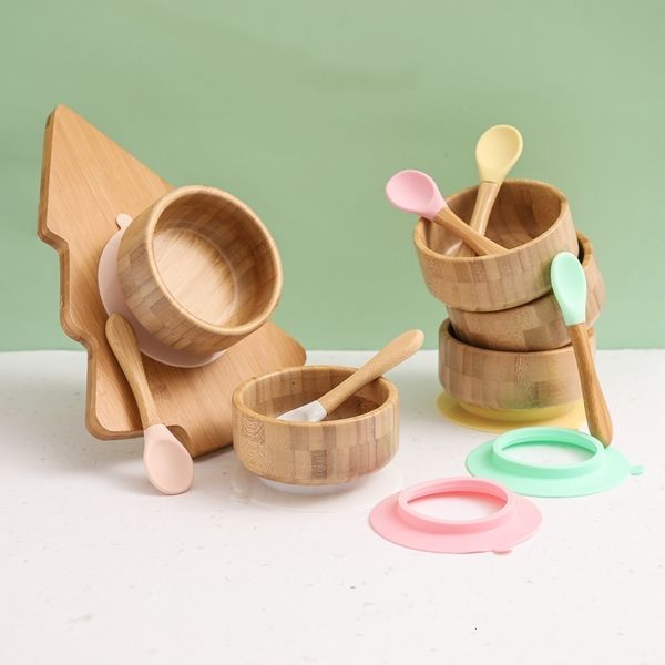 

cups dishes utensils customizable 2pcs baby wooden feeding bowl with suction cup bpa silicone spoon set diy accessories 230802