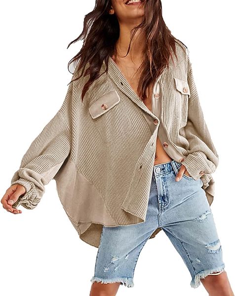 

womens button down shirts jacket casual waffle knit long sleeve oversized shacket, White