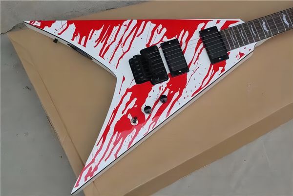 

white v shaped electric guitar with blood pattern,floyd rose,rosewood fingerboard,can be customized as request