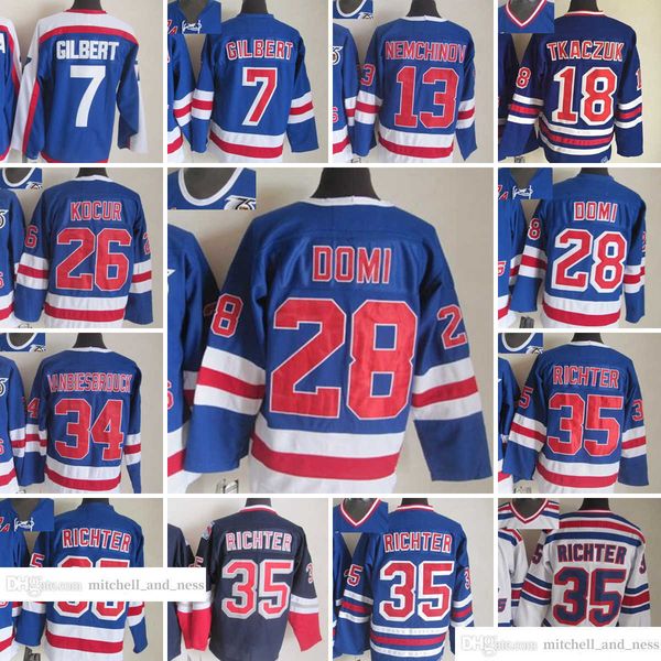 

1926-1999 movie retro ccm hockey jersey embroidery 35 mike richter 7 rod gilbert 13 sergei nemchinov 18 walt tkaczuk 26 joe kocur 28 tie dom, Black;red