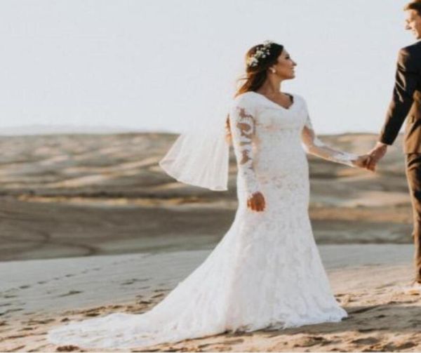 

2019 lace mermaid modest wedding dresses with long sleeves v neck buttons back vintage country lds modest bridal gown with full sl1421640, White