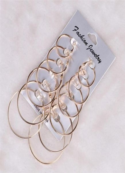 

6 pairs set vintage silver gold big circle hoop earrings for women statement punk ear clip90217666299310, Golden;silver