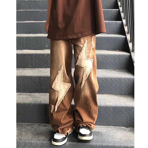 

mens jeans lightning graphic pants men american vintage harajuku streetwear women hiphop y2k baggy cargo wide leg high street pant 230801, Blue