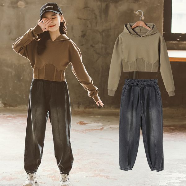 

autumn children's girls hooded clothes set sweater and jeans buttom outfits teenage hoodies pullover sweatshirt pant suit, White