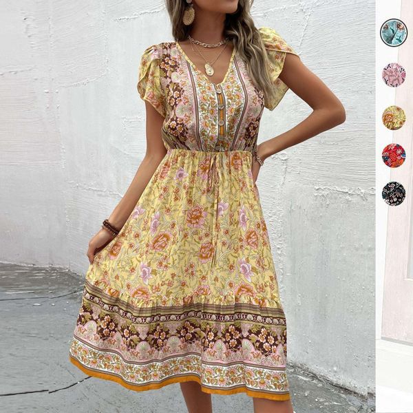 

womens summer v neck petal sleeves bohemian print dress, Black;gray