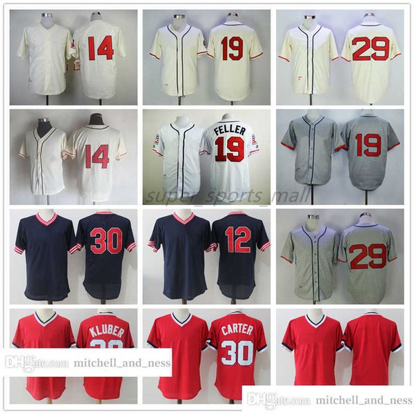 

vintage movie baseball wears jersey 12 francisco lindor 14 larry doby 19 bob feller 28 corey kluber 29 satchel paige 30 joe carter blank 194, Blue;black