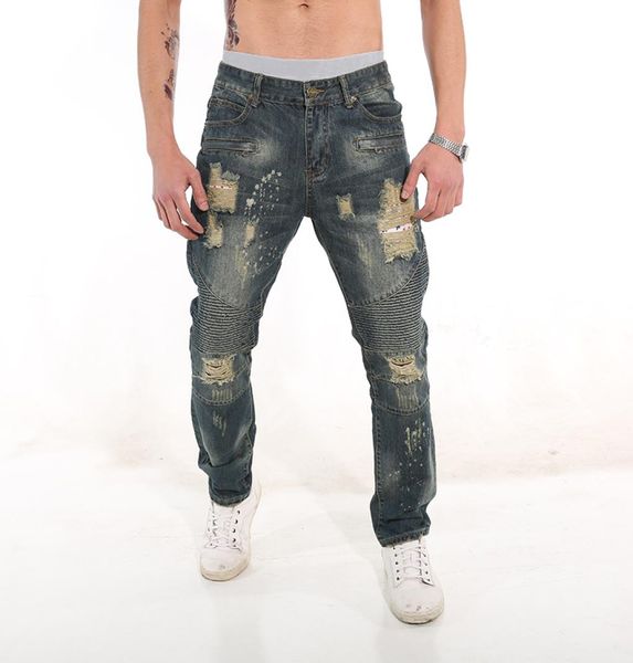 

2020 spring and summer clothing new mens hole casual jeans denim pants retro old stitching denim pants1136618, Blue