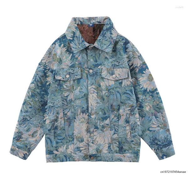 

men's jackets jeans jacket hip hop jacquard weave retro oil painting flowers printing denim leisure outwear couples, Black;brown