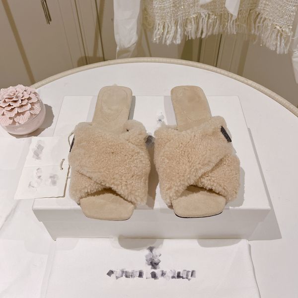 

2023 brunello cucinelli shearling slippers low heels flat women's slide crystal diamond buckle fur mules slip on cross strap flip flops, Black