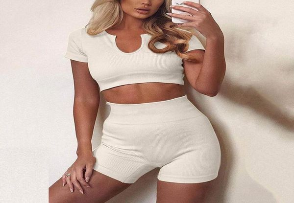 

summer women solid color sports suit short sleeve tank shorts sets gym yoga workout 2 piece outfits femme a40 women's tracksuit8539159, Gray
