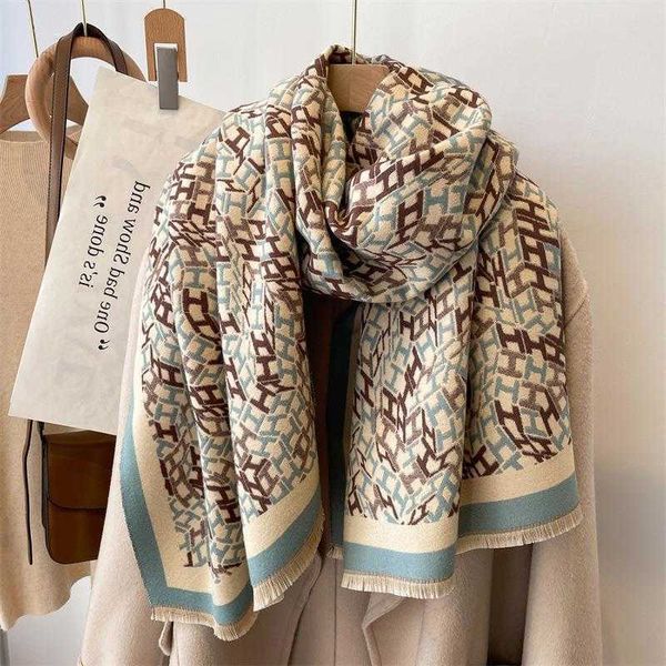 

2023 new scarf women's autumn and winter h letter air conditioned room shawl thickened warm neck ins live travel 2omn, Blue;gray