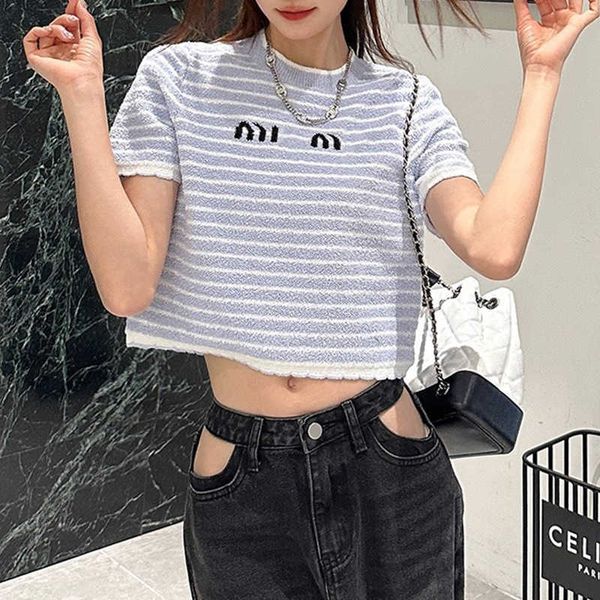 

style milk blue white striped t-shirt 2023 summer new contrast fresh round neck thin short sleeve knit, White;black