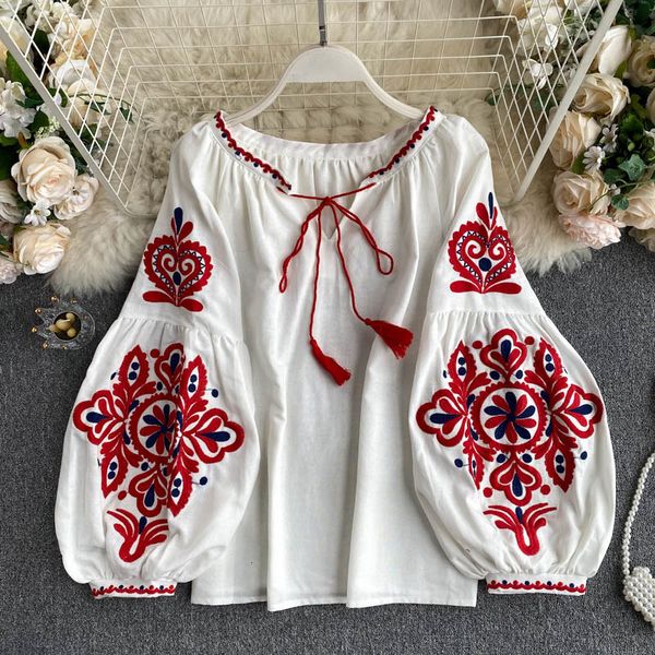 

women's blouses shirts retro blouse national style embroidered lace up tassel v neck lantern sleeve loose all match female blusa gk536, White