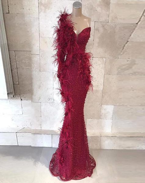 

one shoulder burgundy mermaid prom dresses lace beads 3d floral appliqued sweetheart luxury feather floor length evening gowns6076400, Black