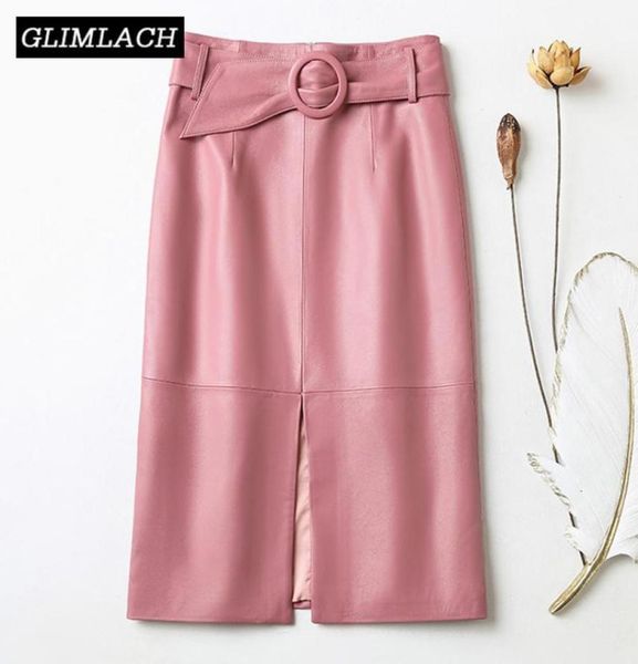 

skirts 2021 women genuine leather wrap skirt with belt high waist front slit office lady real midi long pink female152240476922455, Black