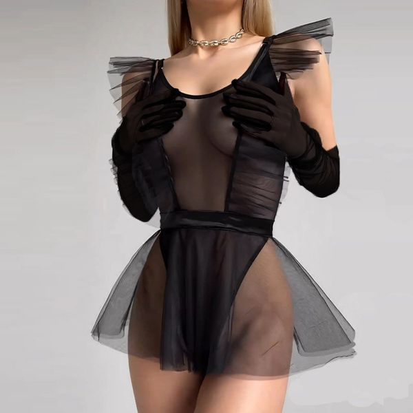 

bras sets mesh one-piece dress and gloves three-piece set, Red;black