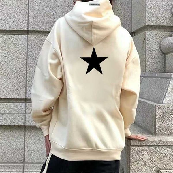 

eentials trendy brand pentagram reflective marker pullover long sleeve high street hoodie for men and women, Black