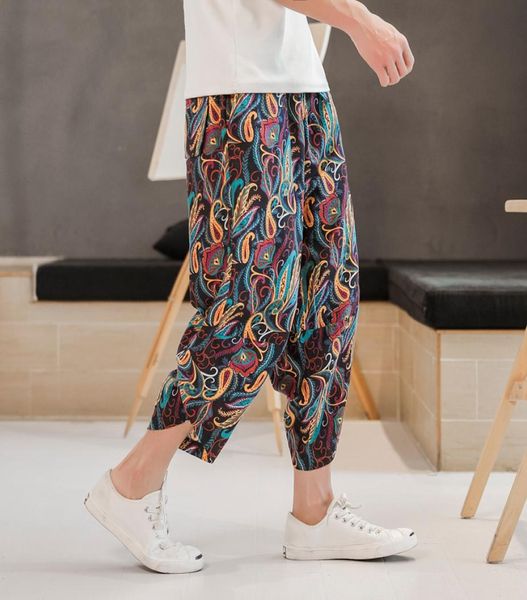 

casual printed hip hop harem pants men streetwear sweatpants trousers pants 2020 cotton linen wide leg men joggers4797245, Black
