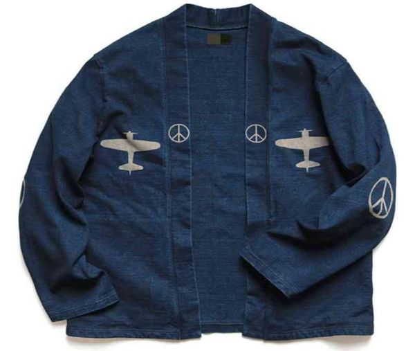 

hirata and hiro kapital solid color printed aircraft anti war blue robe cardigan48210892492674, White;black