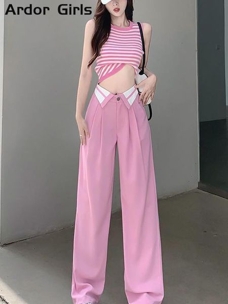 

women's pants capris high waist wide leg pants women loose chic straight casual female pant spring summer reched pink street lady trous, Black;white