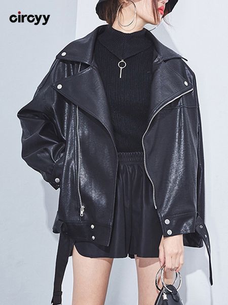 

women's jackets black leather for women 2023 autumn long sleeve zipper pockets loose coat turndown collar y2k motorcycle clothing 23080, Black;brown