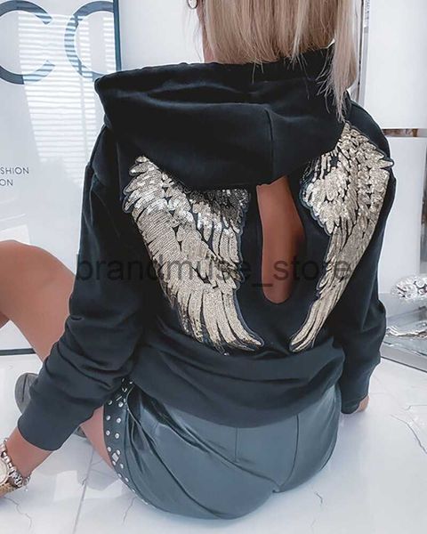 

women's hoodies sweatshirts women sweatshirt pullover long sleeve fashion sequin wing pattern cutout hooded casual hoodie sweatshirts j, Black