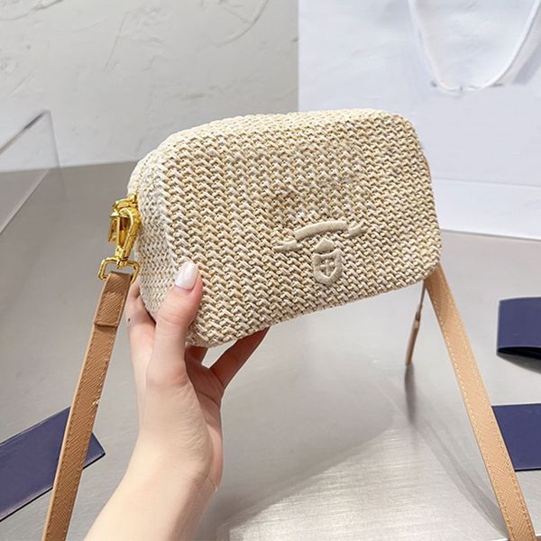 

straw woven camera bag summer handbag purse raffia zipper flap crossbody bags embroidery fashion letter metal triangle decor inside pocket