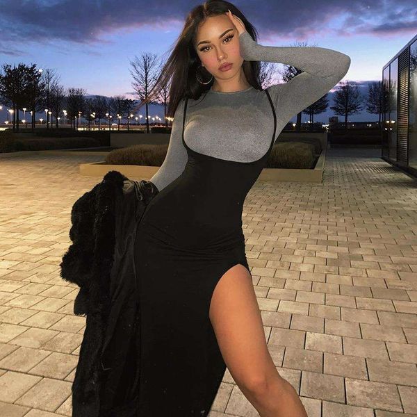 

wind autumn and winter womens cross strap backless slit slim temperament dress for women, Black;gray