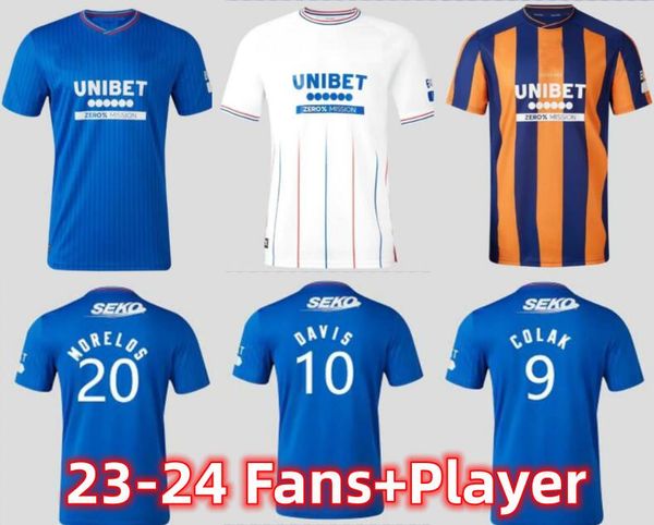 

23/24 glasgow rangers soccer jerseys 2023 2024 home blue sakala kent tavernier morelos colak hogan football shirt men kids kit fans player v, Black;yellow