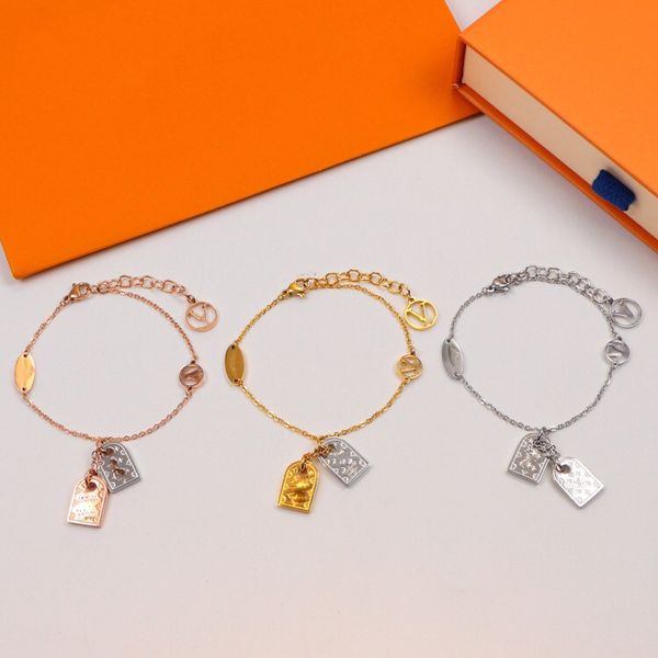 

designer bracelets square brand steel print pendant bracelet titanium steel bracelet for women wide hand strap brown flower pattern gold log, Golden;silver