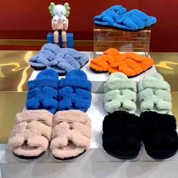 

designers wool slippers chypre slides men women sandals winter fur furry slipper warm fur slide667, Black