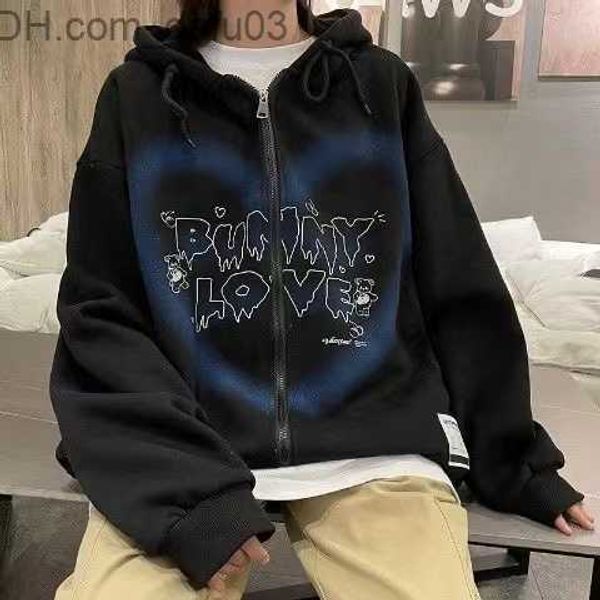 

men's hoodies sweatshirts new y2k zipper hoodie 2021 women's hip hop street fashion graffiti heart letter bear print sweater autum, Black
