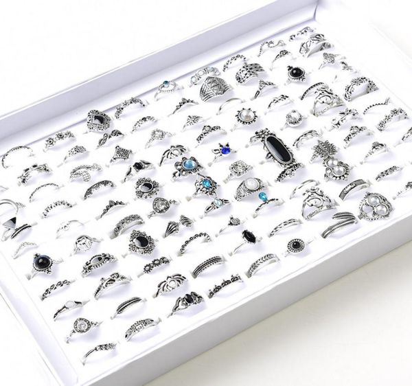 

whole 100pcslot assorted diy bohemian vintage silver gold flower crown animal finger rings for women party gift jewelry2092018, Golden;silver