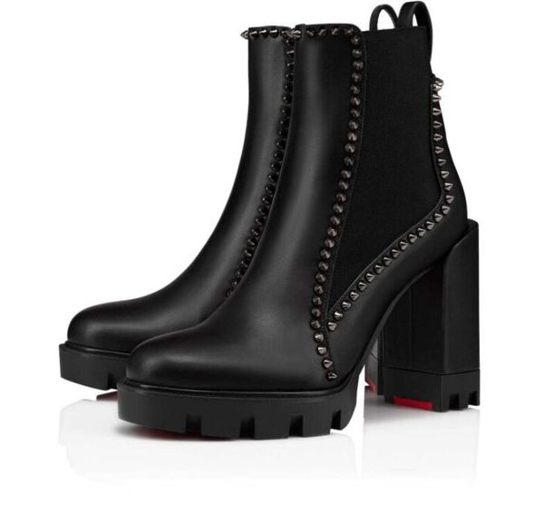 

women ankle boot reds sole boots 100mm out line spike lug boots black calf leather platform booties spiked shoes rubber sole lady block heel