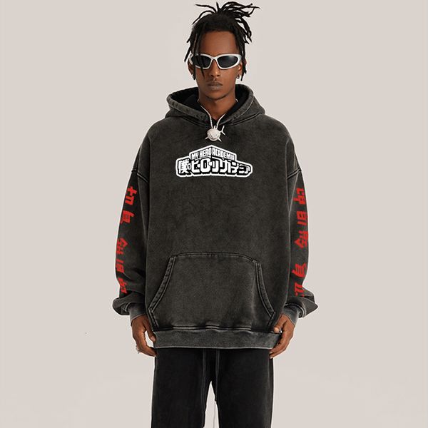 

mens hoodies sweatshirts anime hoodie 100% cotton for adults stamping acid mineral wash vintage gothic printed casual sweater 230802, Black