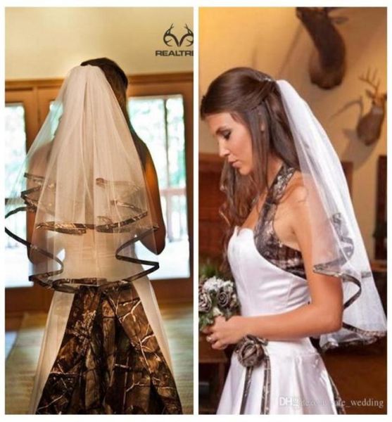 

real pos camo short bridal veils real tree edge elbow length camo ribbon edge wedding veils hair pieces for brides with comb7889362576715, Black