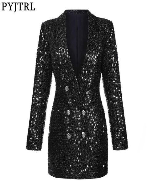 

pyjtrl fashion women shawl lapel shiny sequins suit jacket female doublebreasted long coat slim fit blazers autumn clothes 2109301661360, White;black
