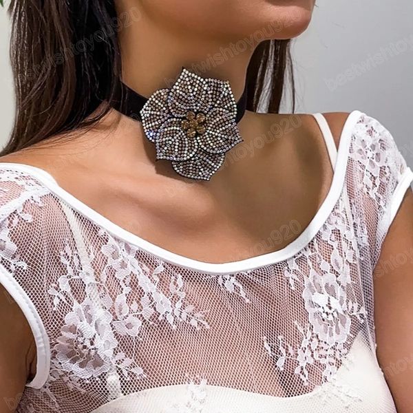 

large shiny rhinestones flower choker necklace for women luxury wedding wide collar fashion ladies neck jewelry accessories, Golden;silver