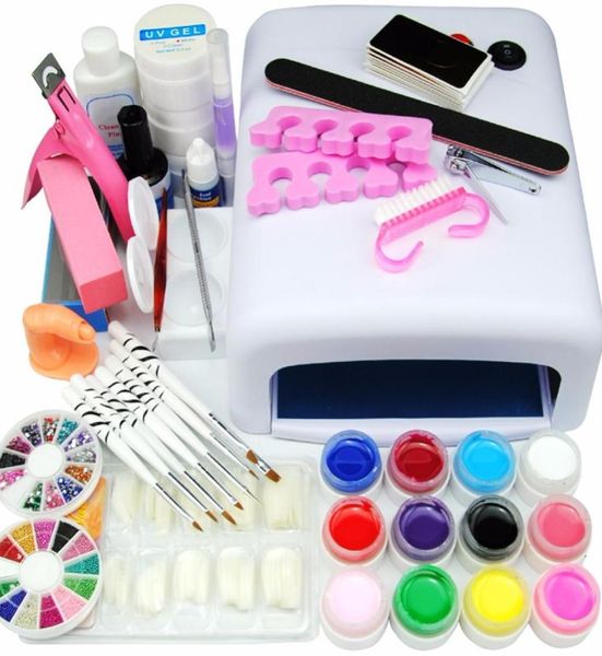 

whole 36w white uv lamp uv gel cleanser plus oat false tips rhinestone ball cuticle oil dappen dish cutter fork nail file7514545