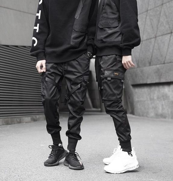 

men ribbons block black pocket cargo pants harem joggers harajuku sweatpant hip hop tatical trousers selling3276928