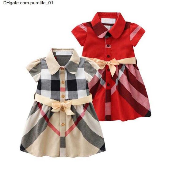 

princess baby girls dress summer kids plaid short sleeve dresses turn-down collar children skirts clothes, Red;yellow